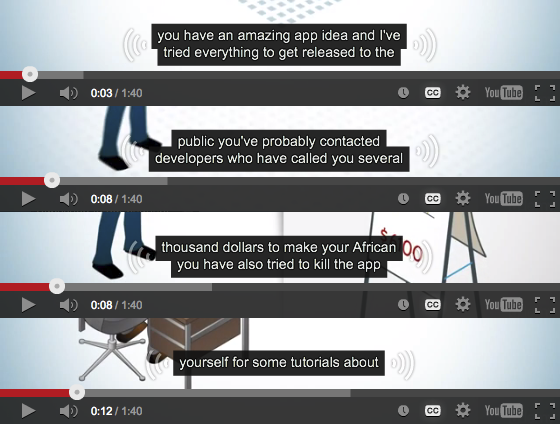 AutoCraptions Excerpts from four videos showing terrible auto-generated closed captions. The closed captions read as follows: You have an amazing app idea and I've tried everything to get release to the public you've probably contacted developers who have called you several thousand dollars to make your African you have also tried to kill the app yourself for some tutorials about