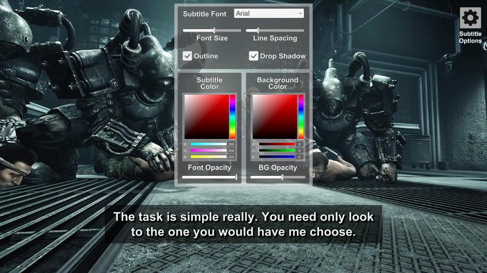 Screenshot ofWebGL app showing what the minimum subtitle options games should have.