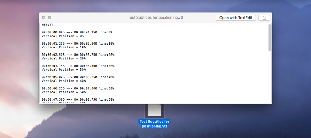 Quick Look macOS screenshot demonstrating Quick Look preview for WebVTT files.