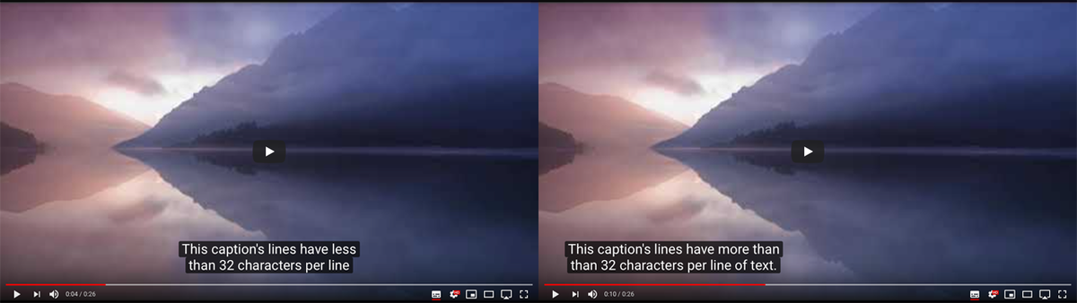 Two side by side images of video displaying similar captions on YouTube. The one on the left shows the closed captions centered in the video, while on the right captions are on the left side of the video.